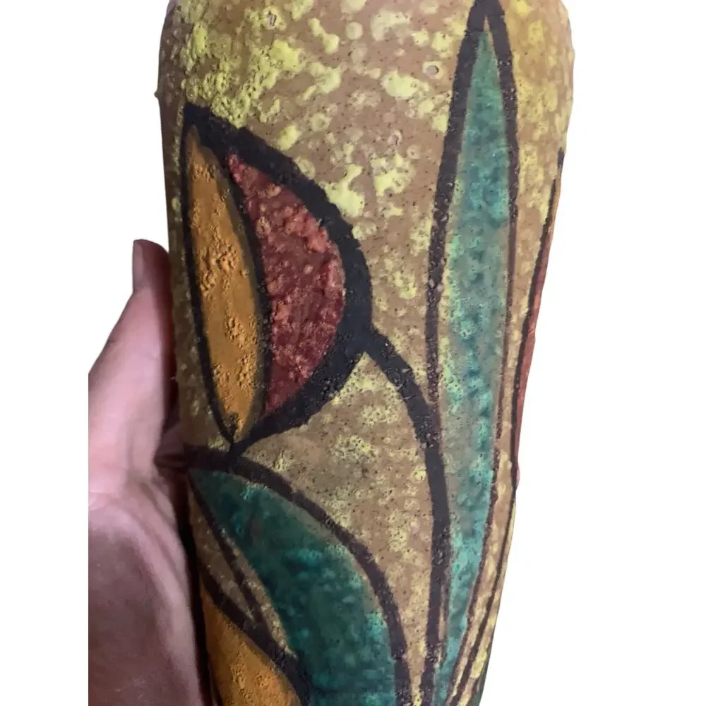 Vintage MCM Italian Art Pottery Vase Volcanic Glaze Bird Floral Hand Painted